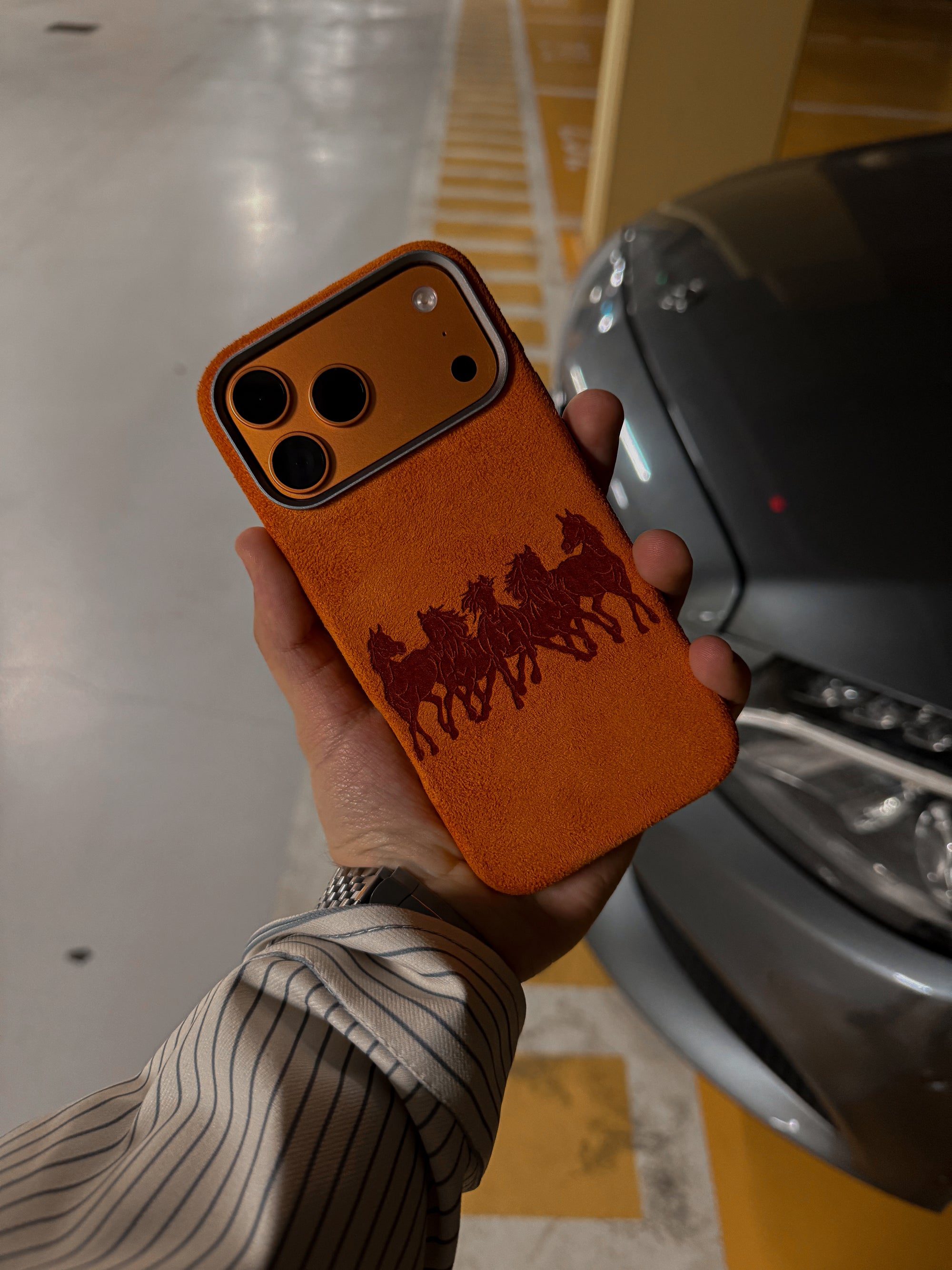 Laser-engraved suede iPhone case